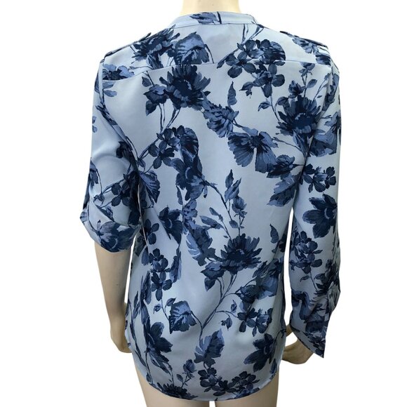 Calvin Klein Womens Blue Floral Button-Down Blouse W Roll-Tab Sleeves Size S NWT - Picture 4 of 8